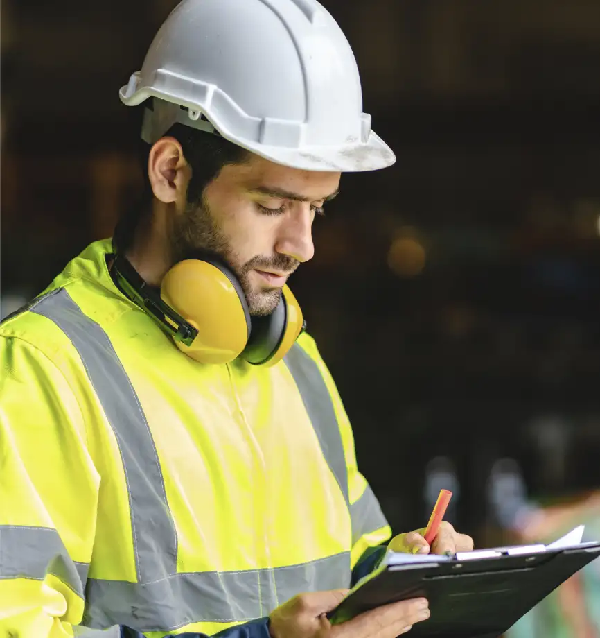 Worker in PPE documenting safety inspection