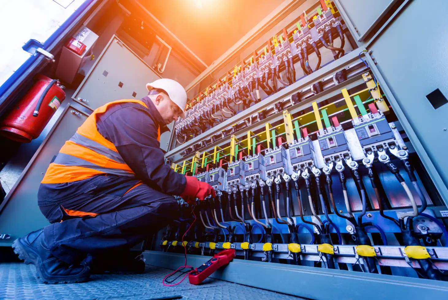 Technician testing electrical switchgear panel