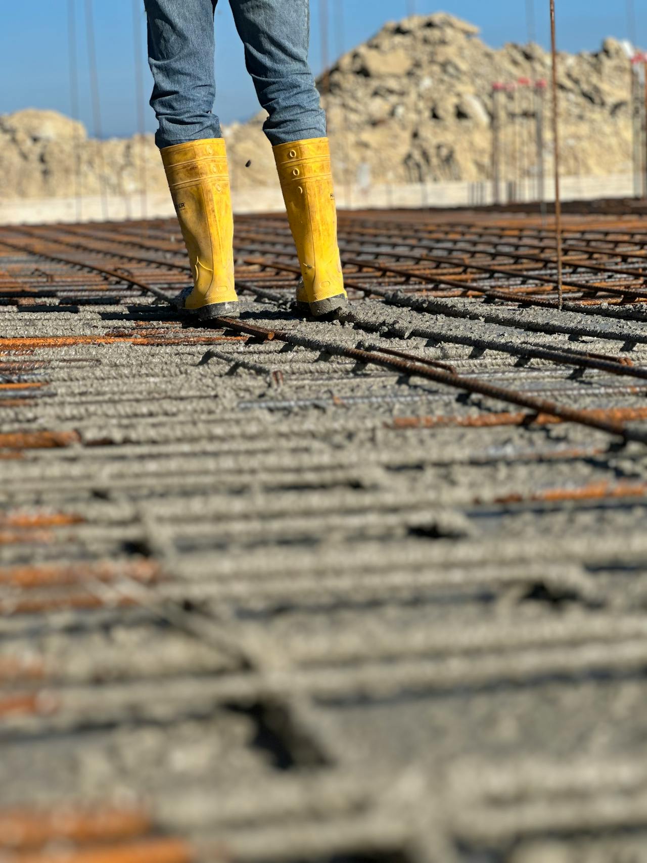 Worker standing on rebar grid during foundation pour