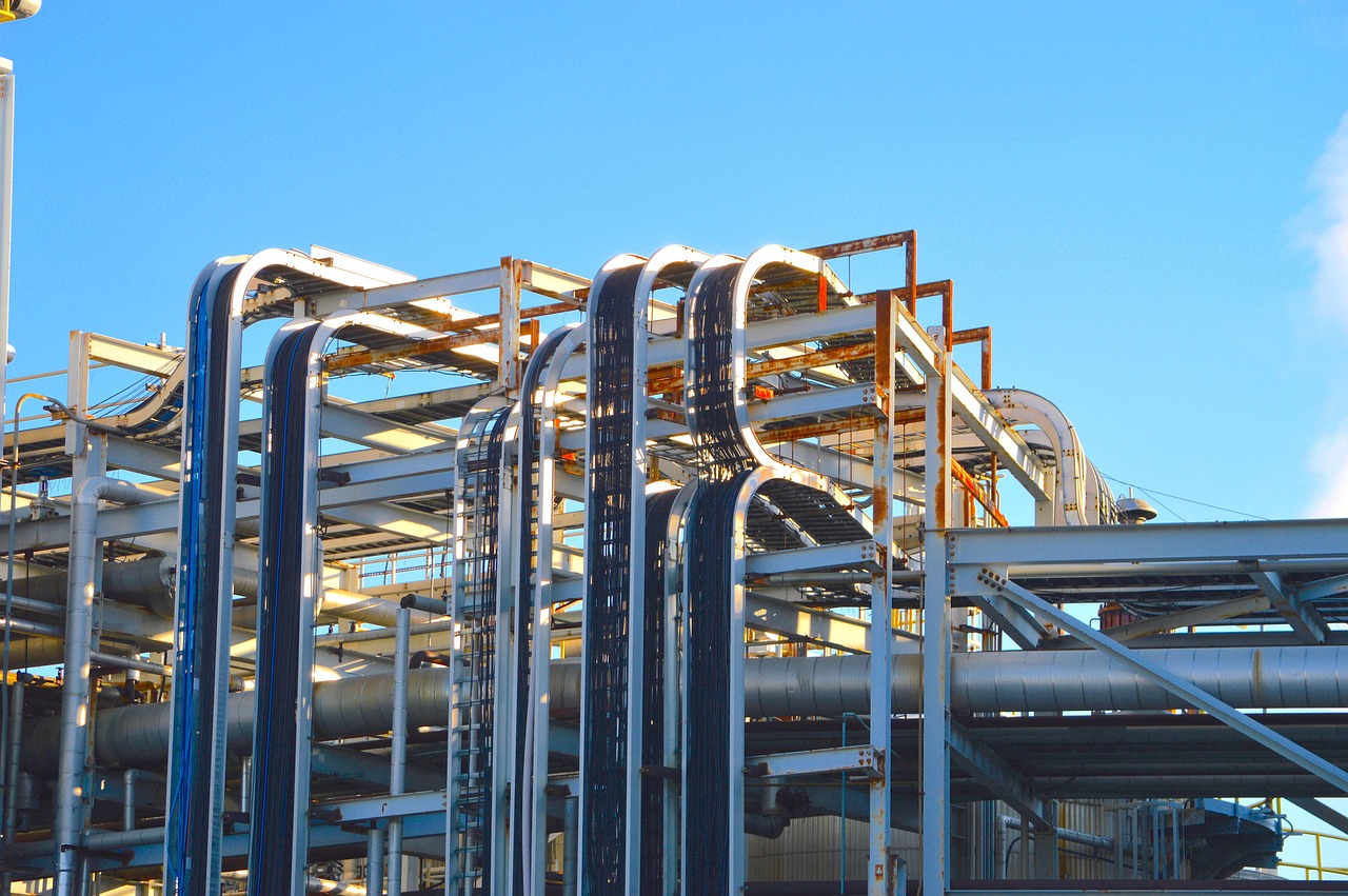 Cable tray and conduit runs on industrial pipe rack