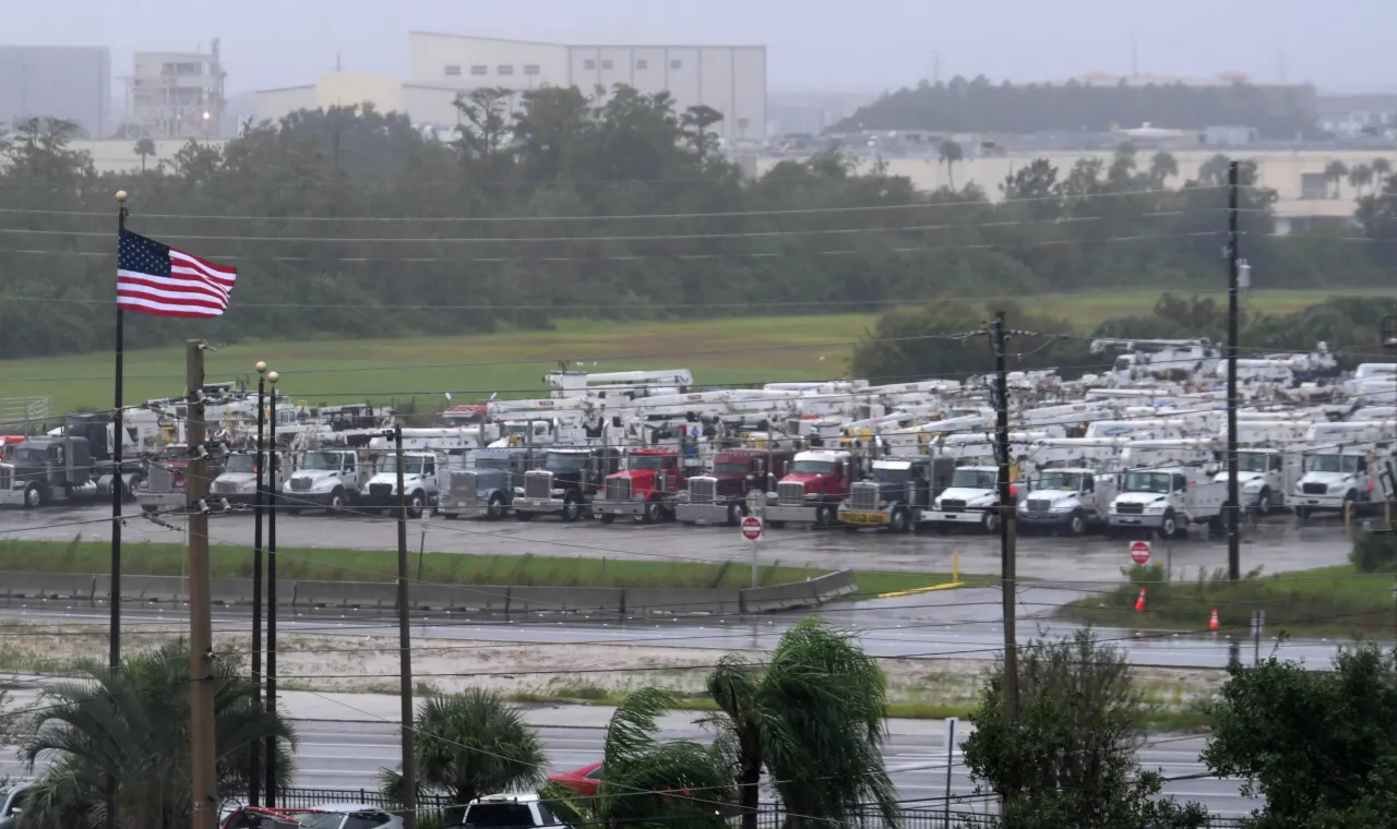 Utility truck staging yard before storm deployment