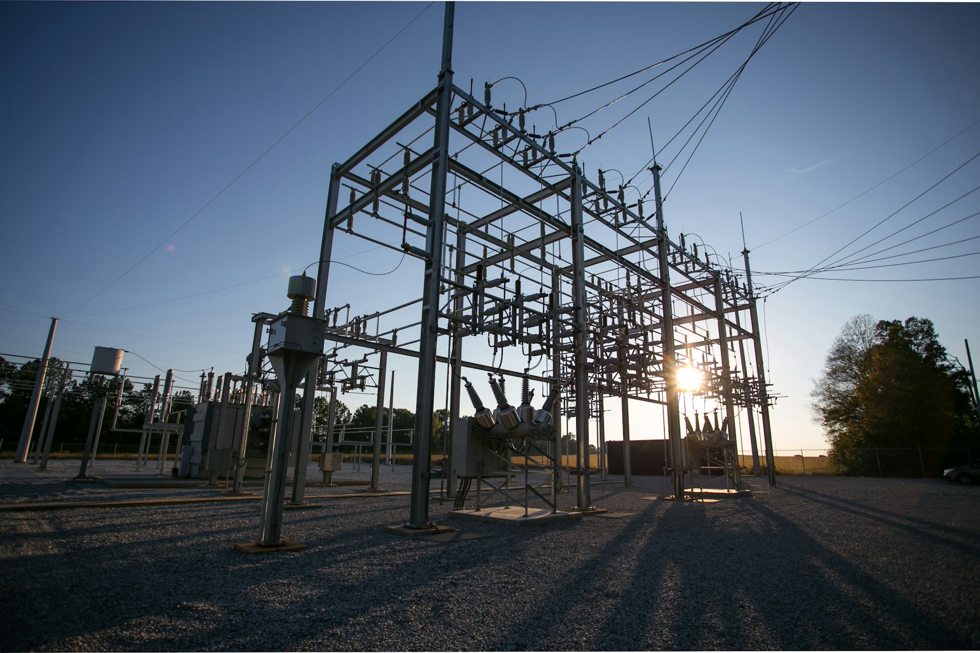 Substation equipment at sunset